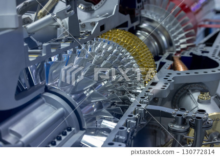 Gas turbine engine with turbine blades, Industrial gas turbine engine, Steel blades of turbine propeller industrial additive technology, 130772814