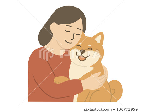 一名女子擁抱一隻柴犬的插圖 130772959