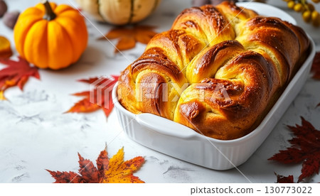 Pumpkin roll bread pastry snack dessert food homemade on white plate 130773022