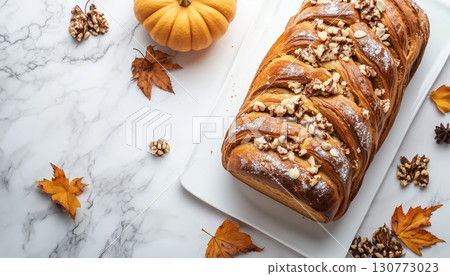 Pumpkin roll bread pastry snack dessert food homemade on white plate 130773023