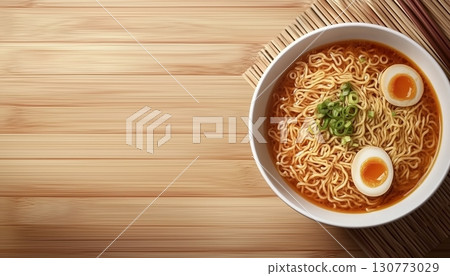 Ramen noddle with egg slice, chicken homemade for lunch on white bowl 130773029