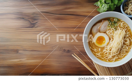 Ramen noddle with egg slice, chicken homemade for lunch on white bowl 130773030