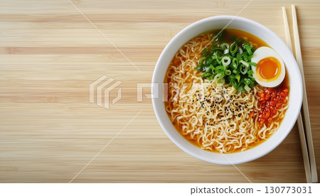 Ramen noddle with egg slice, chicken homemade for lunch on white bowl 130773031