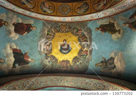 Wall interior of the St. Sophia Cathedral 11th century iconography on the walls. Historical heritage. Ancient wall painting fresco. Wall interior of the St. Sophia Cathedral 11th century iconography on the walls. Historical heritage. Ancient wall painting fresco. 130773202