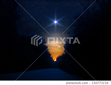Bright star in the starry night sky. Silhouette of the forest and night road. Sunlight over the horizon. Christmas star of the Nativity of Bethlehem, Nativity of Jesus Christ. Bright star in the starry night sky. Silhouette of the forest and night road. Sunlight over the horizon. Christmas star of the Nativity of Bethlehem, Nativity of Jesus Christ. 130773216