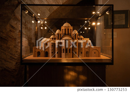 A meticulously crafted model of Saint Sophia Cathedral in Kyiv Ukraine showcases the intricate design and historical significance of this orthodox cathedral, reflecting its rich heritage. 130773253