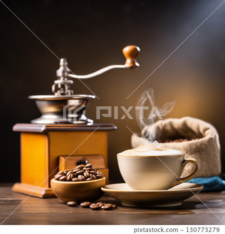 Steaming cup of coffee with a vintage grinder. 130773279