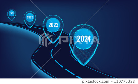 Navigation concept. Logistic concept. New Year 2024. Road with polygonal pointers. Navigation concept. Logistic concept. New Year 2024. Road with polygonal pointers. 130773358