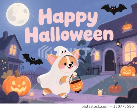 AI-generated illustration of a cute Corgi dog in a Halloween ghost costume AI-generated illustration of a cute Corgi dog in a Halloween ghost costume 130773590