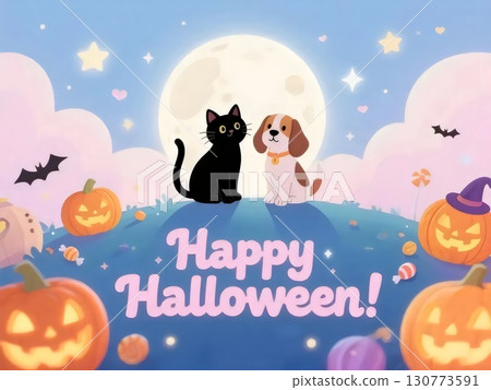 萬聖節滿月之夜,一隻黑貓和一隻小狗依偎在一起的人工智慧插畫 萬聖節滿月之夜,一隻黑貓和一隻小狗依偎在一起的人工智慧插畫 130773591
