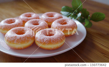 Sugar donuts strawberry pink cream topping sweet snack rounded food for tea time 130773642