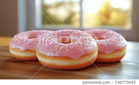 Sugar donuts strawberry pink cream topping sweet snack rounded food for tea time 130773643