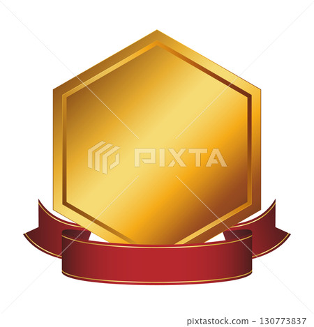 Hexagonal gold medal and red ribbon frame material 130773837