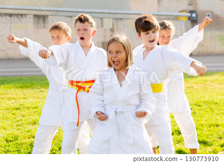 Group of preteen children practicing karate in summer park 130773910