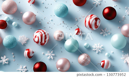 Pastel background with scattered Christmas ornaments, candy canes and snowflakes, clean minimal flat lay, perfect for product placement, commercial stock use 130773952