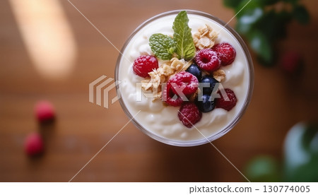 Trifle sweet cream cake with topping raspberry copy space background 130774005