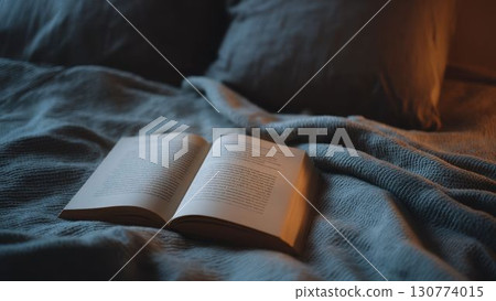 柔和燈光下的床上，一本書和一條毯子_2 130774015