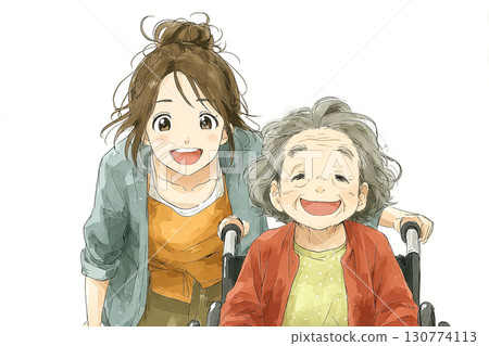 Miyu Series: Miyu pushes an elderly person in a wheelchair to help them go out 130774113