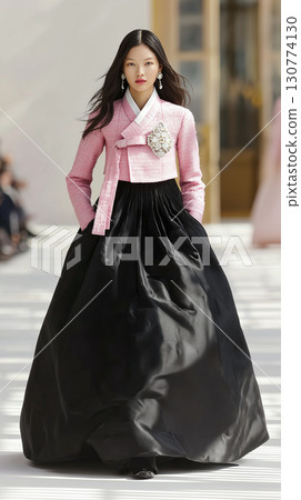 Elegant Korean model showcasing modern hanbok fashion during a runway event in Korea 130774130