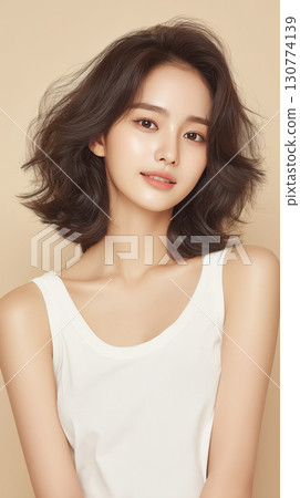 Elegant Korean woman with soft waves and natural makeup posing against a warm background 130774139