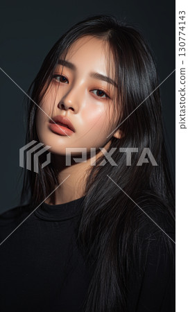 Korean woman with long black hair posing against a dark background in a close-up portrait Korean woman with long black hair posing against a dark background in a close-up portrait 130774143
