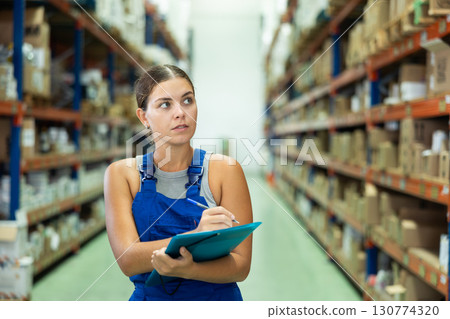 Focused saleswoman standing with papers and checking goods availability on shelves of building hypermarket Focused saleswoman standing with papers and checking goods availability on shelves of building hypermarket 130774320