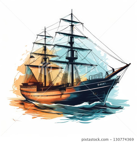 an AI Image Generator, Illustrated Sailing Ship with Full Sails 130774369