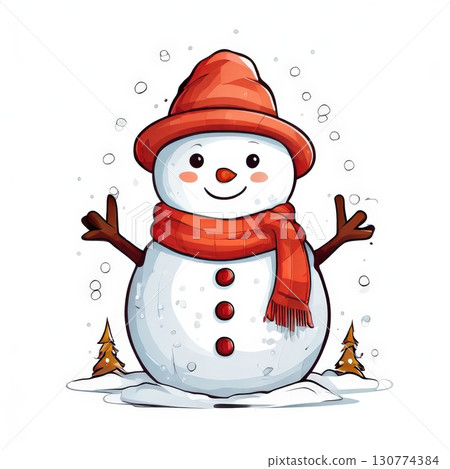 an AI Image Generator, Smiling Cartoon Snowman in Winter Scene an AI Image Generator, Smiling Cartoon Snowman in Winter Scene 130774384