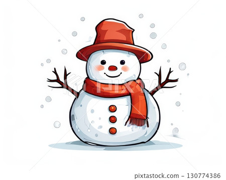 an AI Image Generator, Smiling Cartoon Snowman in Winter Scene 130774386