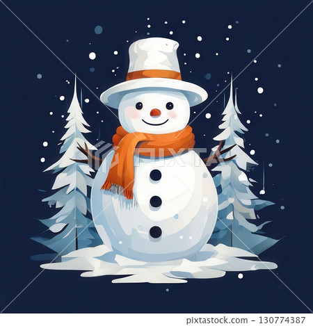 an AI Image Generator, Cheerful Snowman in Winter Forest with Falling Snow 130774387
