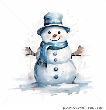 an AI Image Generator, Cheerful Snowman in Winter Forest with Falling Snow 130774388