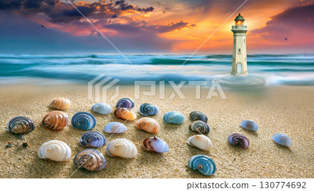 A serene lighthouse standing on rocky shore during beautiful colorful sunset over calm sea and cloudy sky 130774692