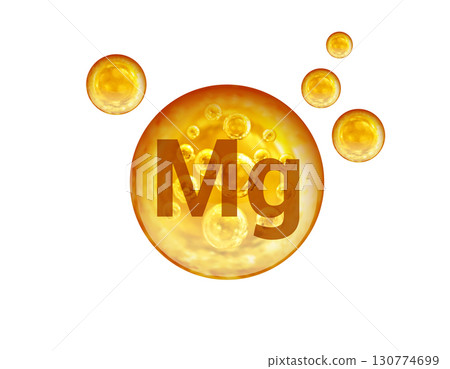 Mineral Mg golden balls isolated on white background. Mg Magnesium. Mineral Mg golden balls isolated on white background. Mg Magnesium. 130774699
