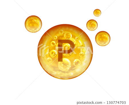 Mineral P golden balls isolated on white background. P Phosphorus. Mineral P golden balls isolated on white background. P Phosphorus. 130774703