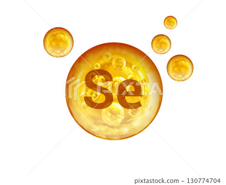Mineral Se golden balls isolated on white background. Se Selenium. Mineral Se golden balls isolated on white background. Se Selenium. 130774704