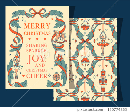 Nutcracker-inspired Christmas frame with ballerina and ornaments. Vintage holiday greeting card in vertical 8.5x11 format for festive celebration. 130774863