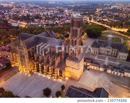 Aerial view of landmark of famous cathedral in Limoges cityilluminated at dusk 130774886