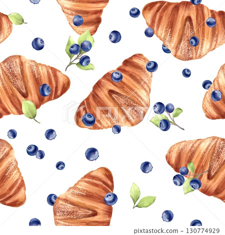 Hand-drawn illustration of a seamless pattern with delicious croissants and fresh blueberries on a white background. Elegant design for bakery branding, cafe menus, food packaging, and digital paper. 130774929