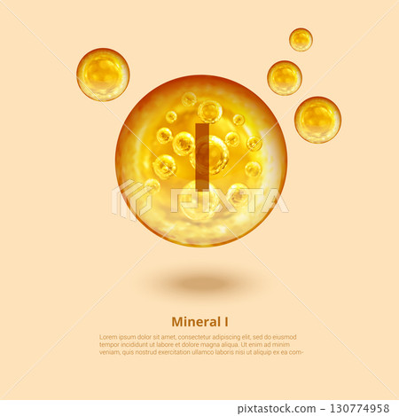 Mineral I. Iodine. Mineral Vitamin complex. Golden balls. Health concept. I Iodine. Mineral I. Iodine. Mineral Vitamin complex. Golden balls. Health concept. I Iodine. 130774958