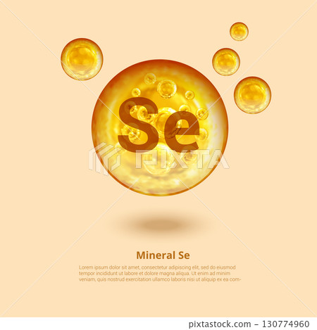 Mineral Se. Selenium. Mineral Vitamin complex. Golden balls. Health concept. Se Selenium. Mineral Se. Selenium. Mineral Vitamin complex. Golden balls. Health concept. Se Selenium. 130774960