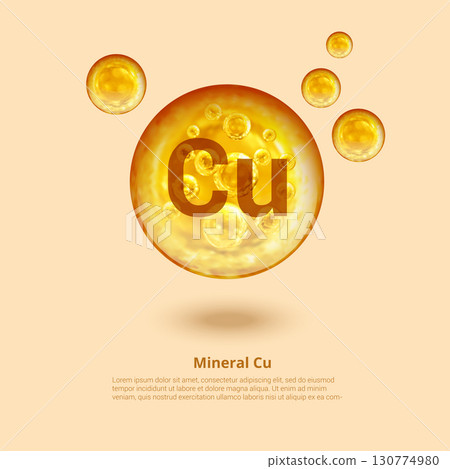 Mineral Cu. Copper. Mineral Vitamin complex. Golden balls. Health concept. Cu Copper. 130774980