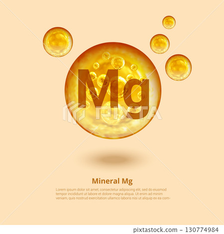 Mineral Mg. Magnesium. Mineral Vitamin complex. Golden balls. Health concept. Mg Magnesium. Mineral Mg. Magnesium. Mineral Vitamin complex. Golden balls. Health concept. Mg Magnesium. 130774984