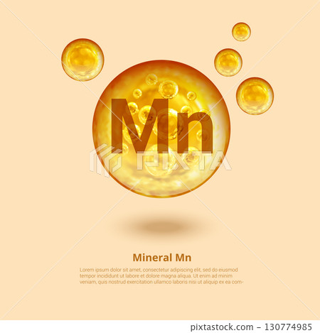 Mineral Mn. Manganese. Mineral Vitamin complex. Golden balls. Health concept. Mn Manganese. Mineral Mn. Manganese. Mineral Vitamin complex. Golden balls. Health concept. Mn Manganese. 130774985