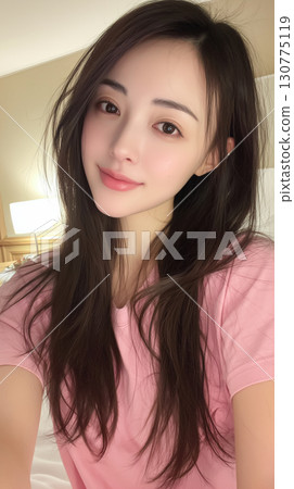 Young Asian woman with long hair wearing pink shirt poses in bright indoor setting with friendly smile Young Asian woman with long hair wearing pink shirt poses in bright indoor setting with friendly smile 130775119