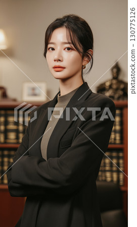 Professional Korean woman in formal attire stands confidently in office environment during daytime, showcasing a poised demeanor 130775126
