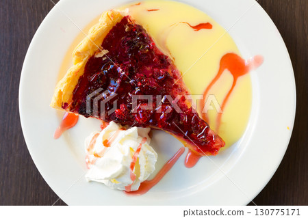 Top view of raspberry quiche with whipped cream Top view of raspberry quiche with whipped cream 130775171