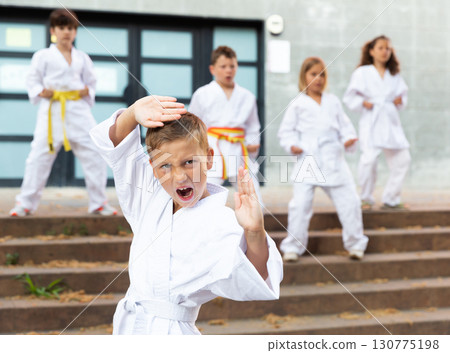Tween boy exercising taekwondo techniques during group class outdoors Tween boy exercising taekwondo techniques during group class outdoors 130775198