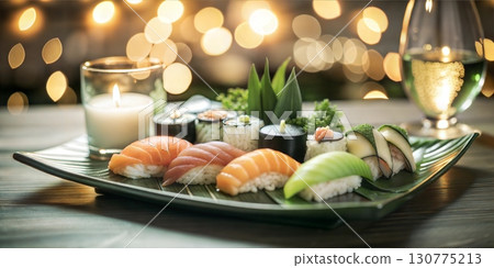 An elegant sushi arrangement with a selection of nigiri and maki rolls presented on a dark plate under soft candlelight for a sophisticated dining experience An elegant sushi arrangement with a selection of nigiri and maki rolls presented on a dark plate under soft candlelight for a sophisticated dining experience 130775213