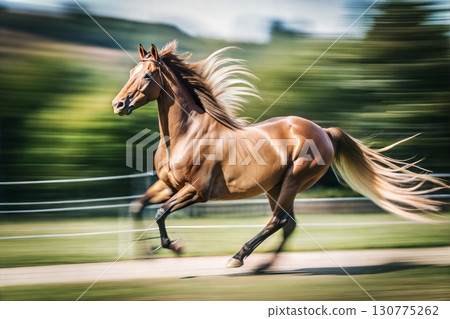 A sleek horse galloping across a lush green field with blurred background emphasizing its speed and grace in a pastoral setting A sleek horse galloping across a lush green field with blurred background emphasizing its speed and grace in a pastoral setting 130775262