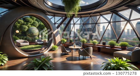 A modern living space with large windows offering a stunning view of the city and lush greenery inside creating a serene atmosphere A modern living space with large windows offering a stunning view of the city and lush greenery inside creating a serene atmosphere 130775278